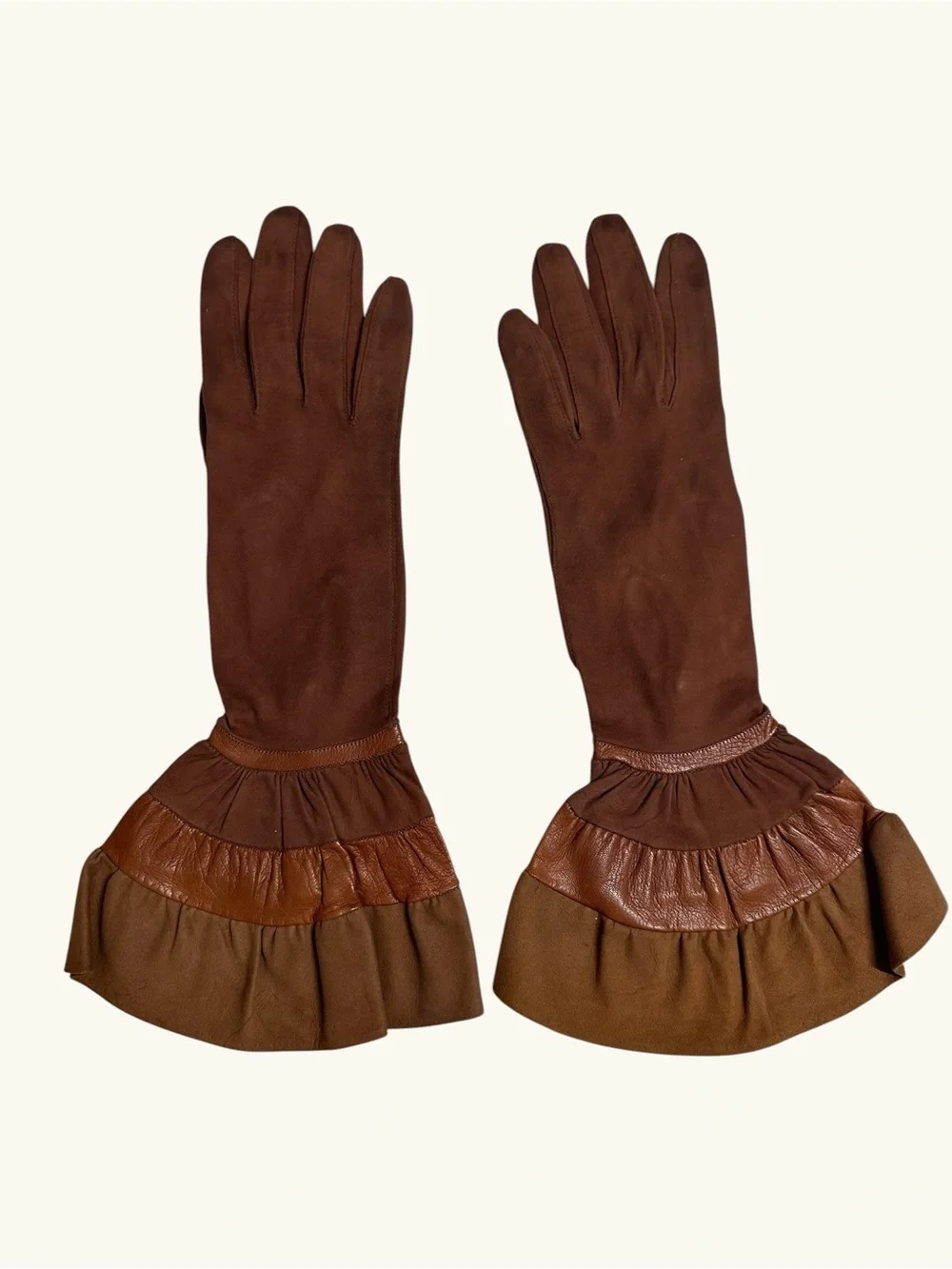 Vintage Long Brown Suede Gloves with Flared Cuffs